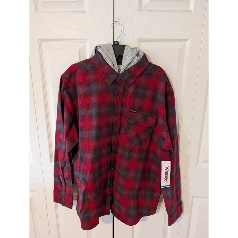 Wrangler Flannel Shirt Jacket Hoodie Red Plaid Button-Up Men's XL NWT